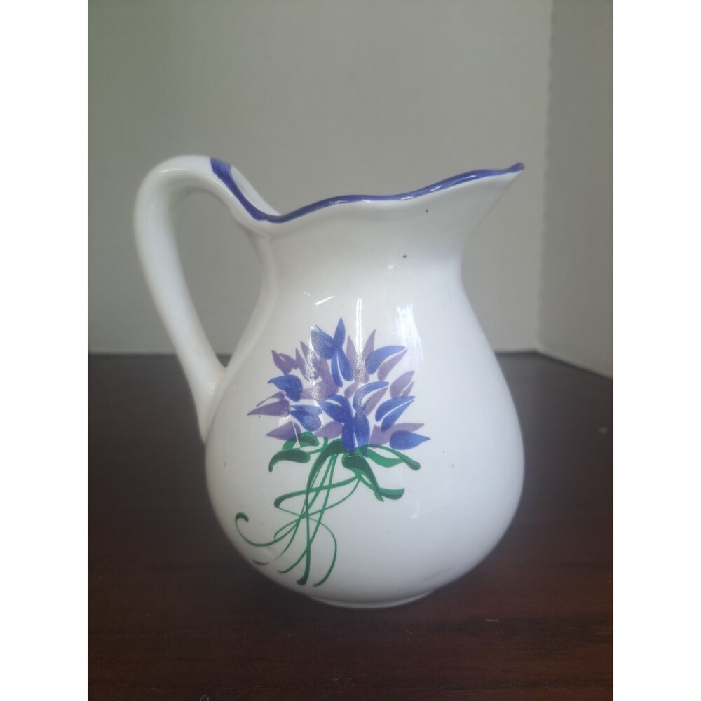 Hand Painted White Ceramic Pitcher Blue Flowers And Trim